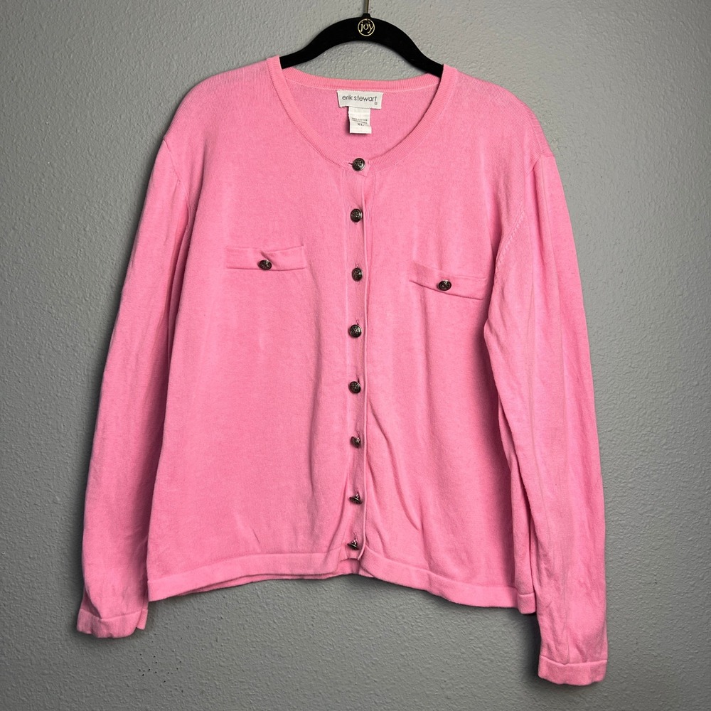 Erik Stewart‎ Barbie Pink Cotton Cardigan Sweater XL Button Front Long Sleeve